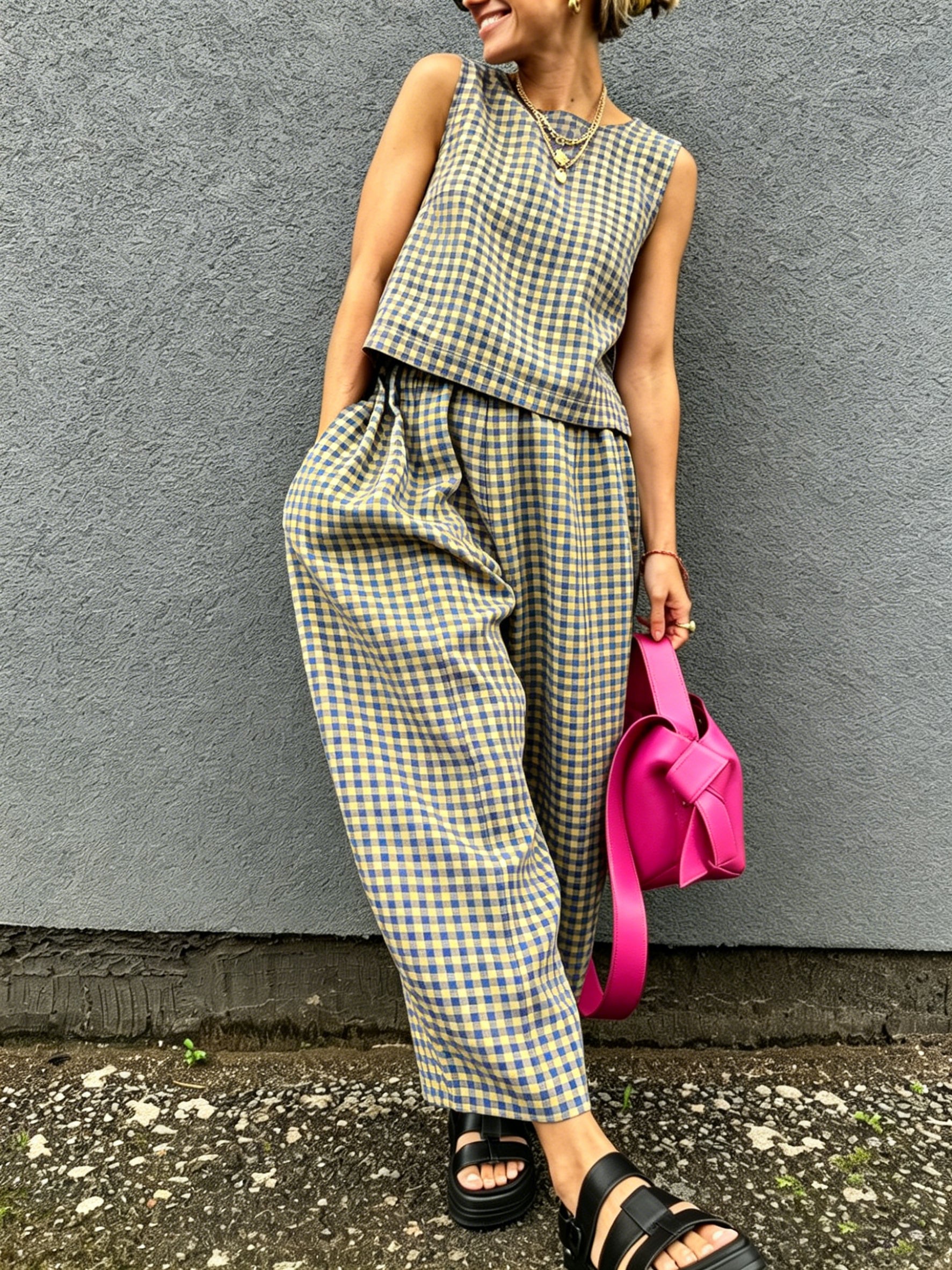 Plaid Minimal Sleeveless Two-Piece Set