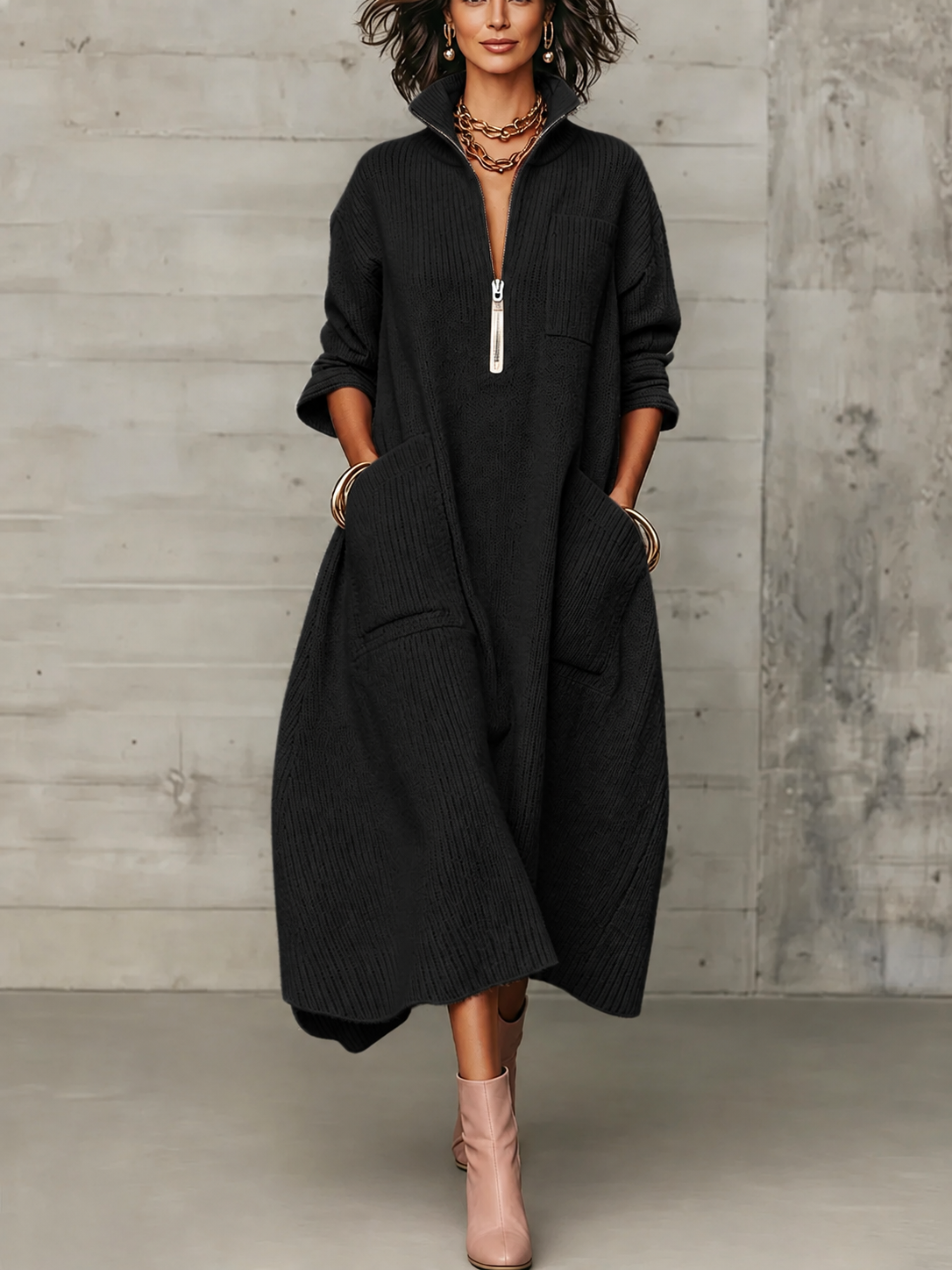 Women Half Zip Stand Collar Maxi Dress, 3/4 Sleeve Loose Long Shirt Dress with Pockets