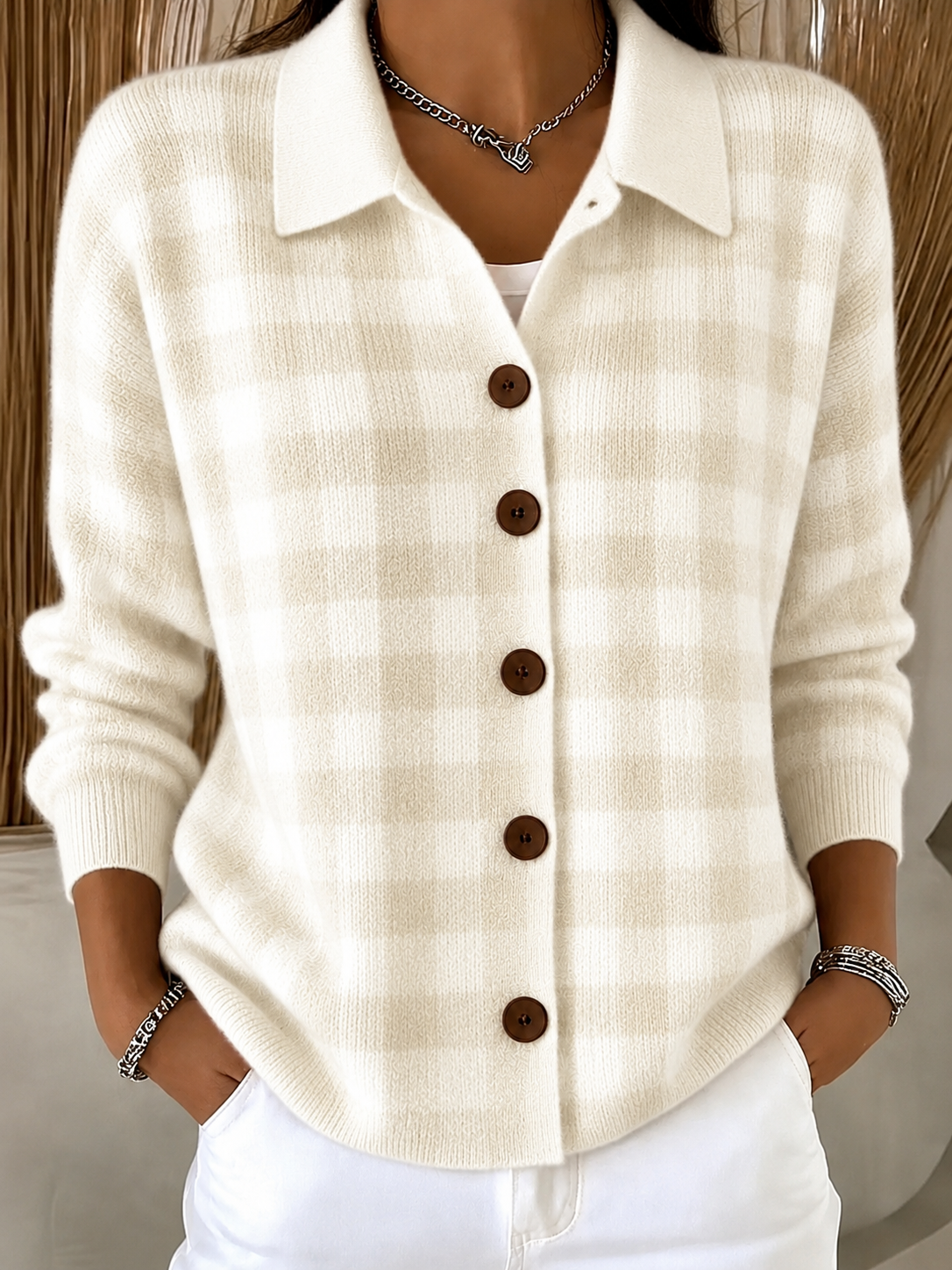 Clearance Sale🔥Women Soft Gingham Knit Button Cardigan
