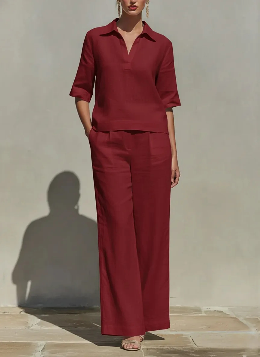 Women's Solid Cotton Linen Two-Piece Set