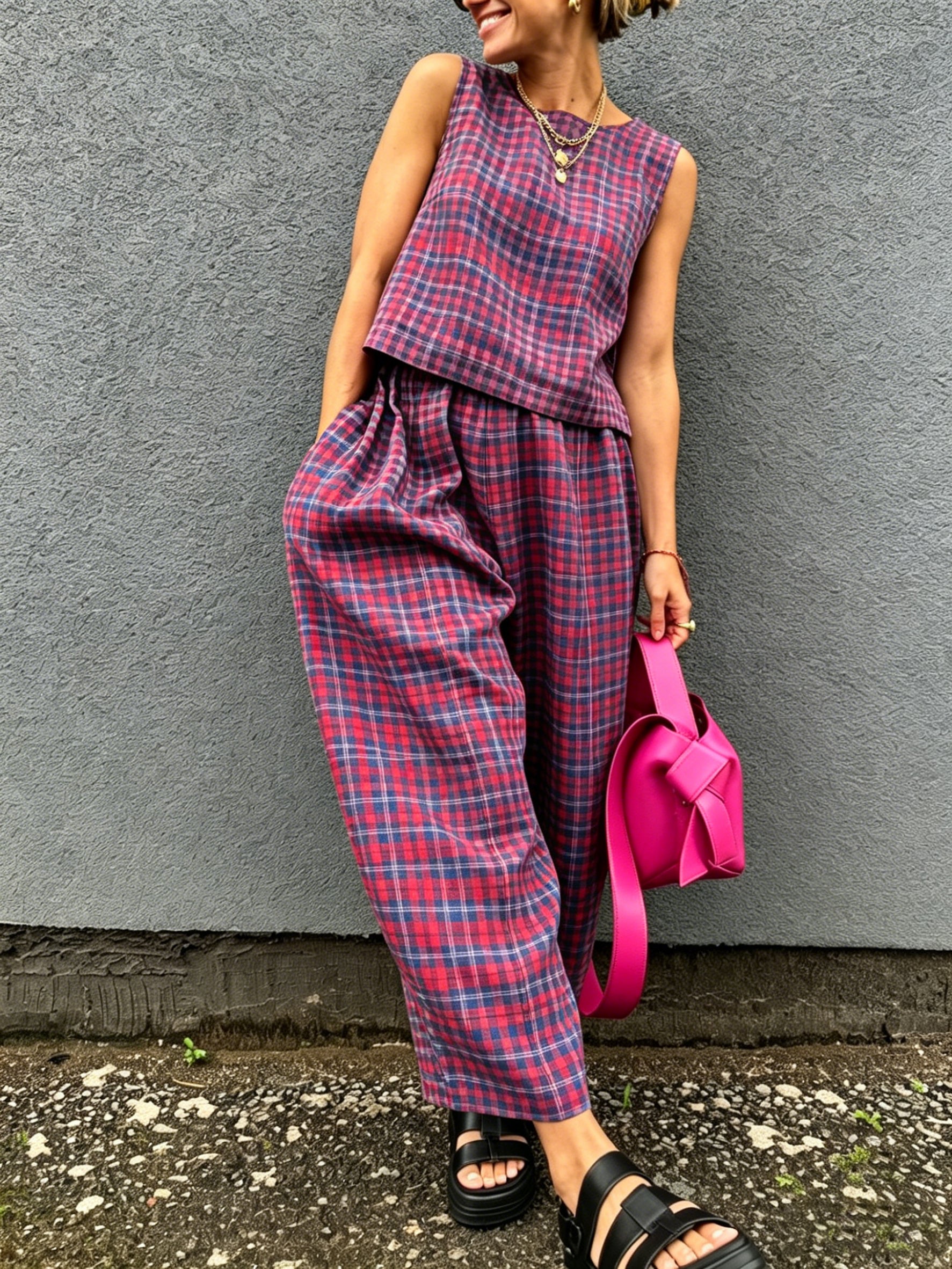 Plaid Minimal Sleeveless Two-Piece Set