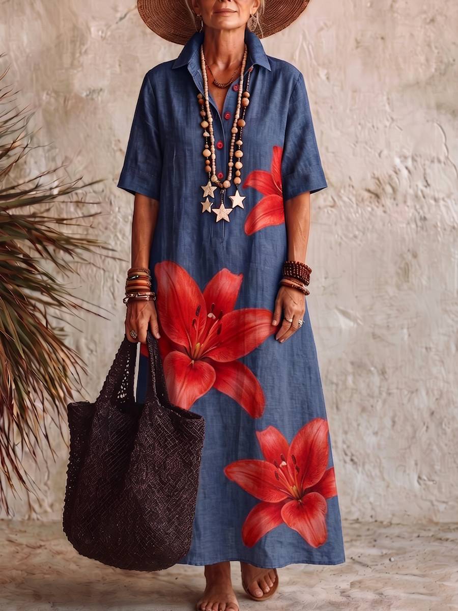 Women’s Cotton Linen Floral Maxi Dress