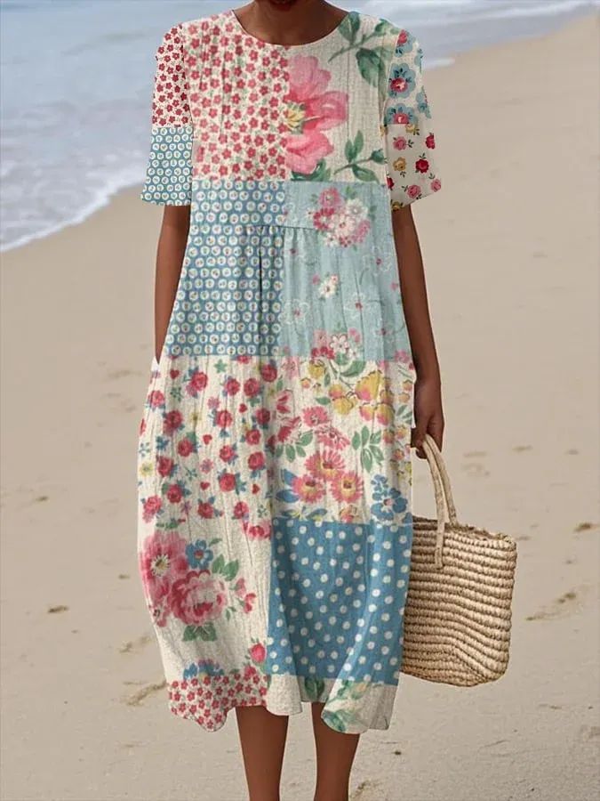 Mother's Day Gift❤️Cotton Linen Patchwork V-Neck Midi Dress