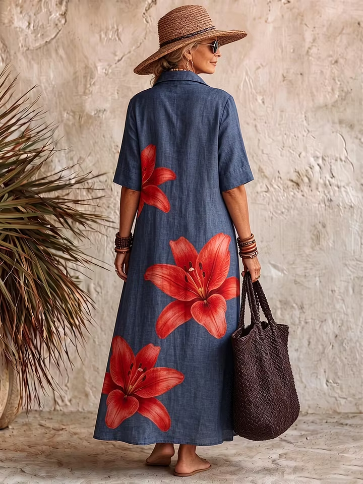 Women’s Cotton Linen Floral Maxi Dress