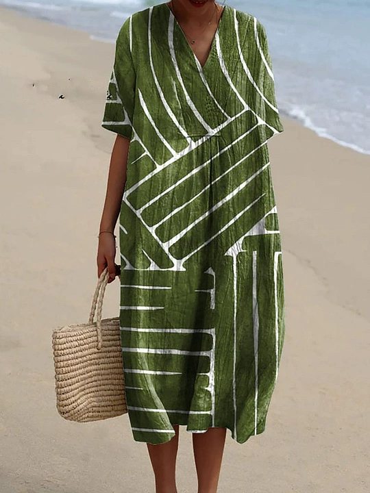 Mother's Day Gift❤️Cotton Linen Patchwork V-Neck Midi Dress