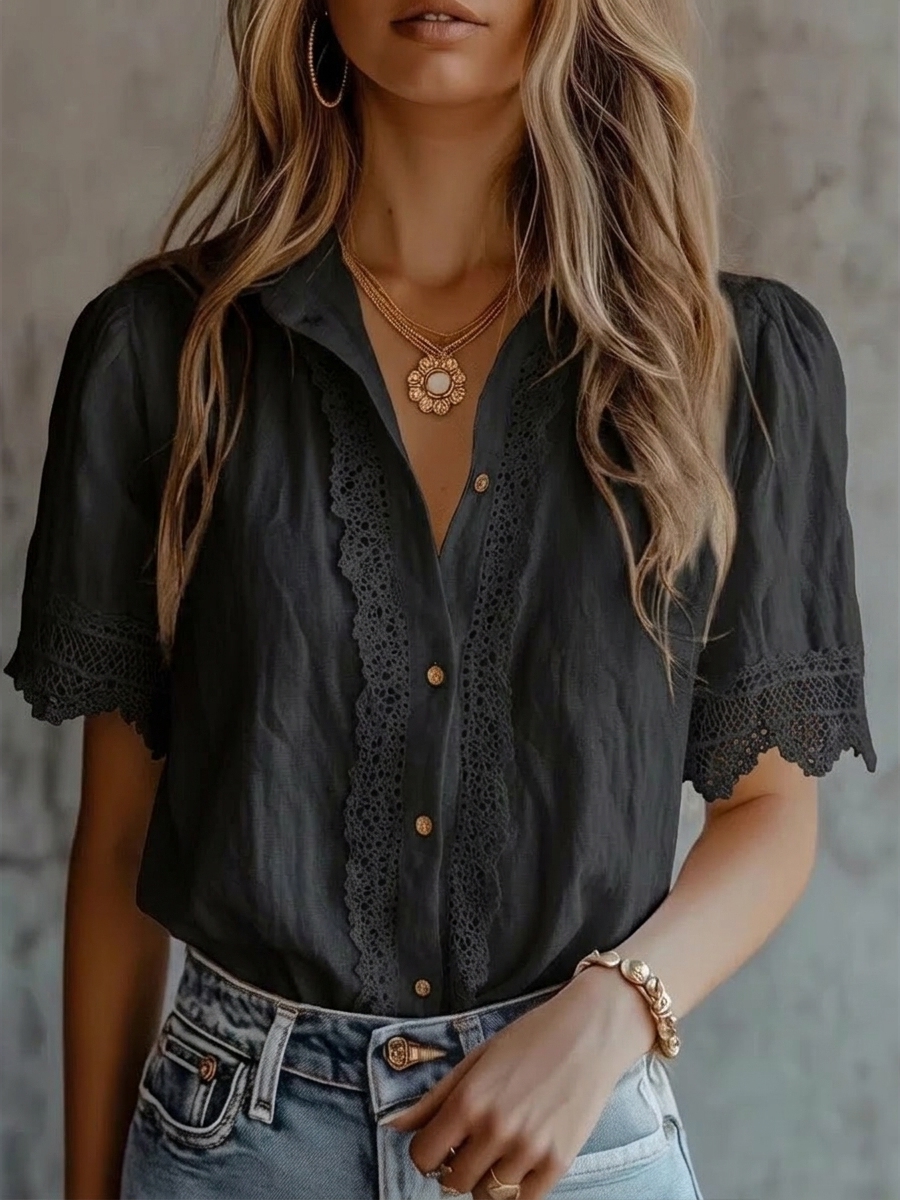 New Arrivals🔥Women's Paneled Lace, Linen, And Cotton Short-sleeve Shirt
