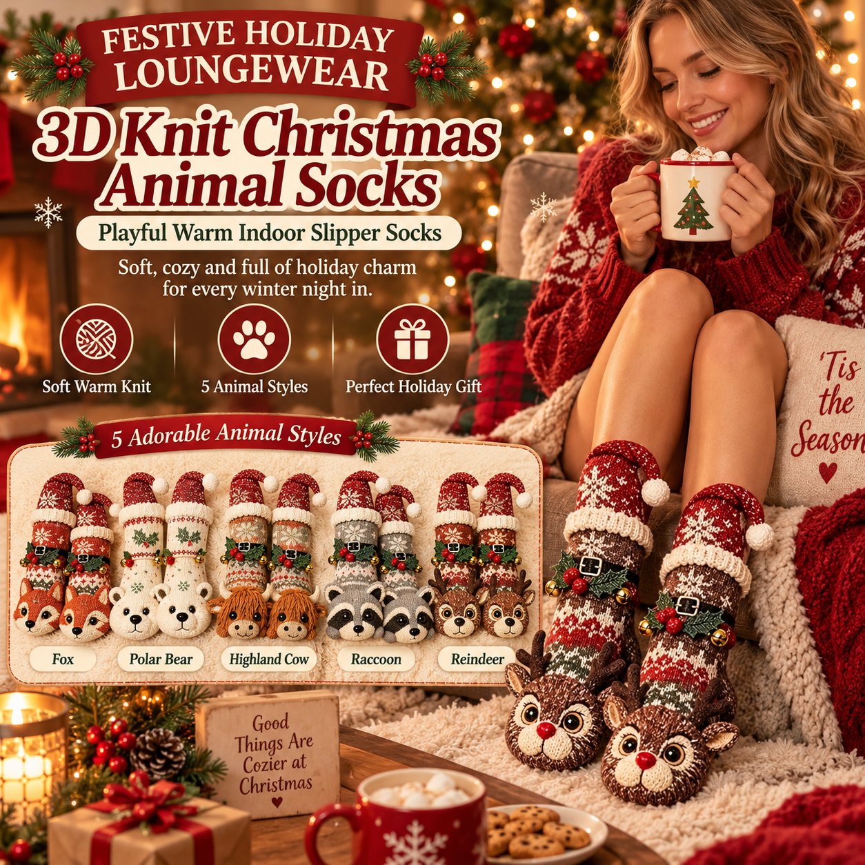 3D Knit Christmas Animal Slipper Socks | Cute Festive Soft Warm Indoor Socks