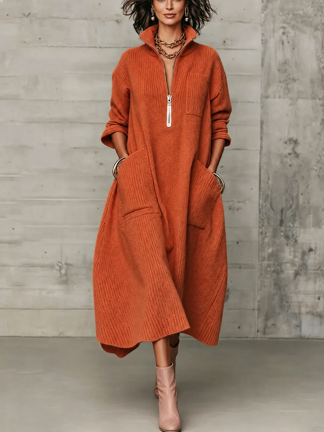 Women Half Zip Stand Collar Maxi Dress, 3/4 Sleeve Loose Long Shirt Dress with Pockets