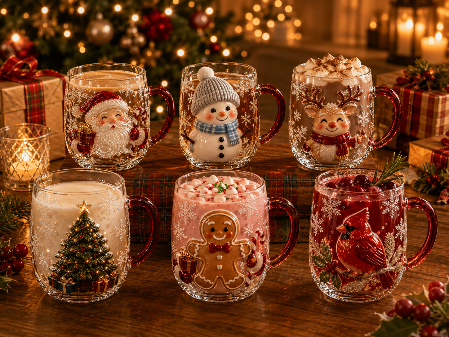 All six Christmas mugs filled with festive drinks