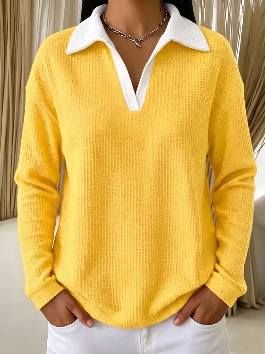 Women's contrast-collar waffle long-sleeve pullover in Yellow