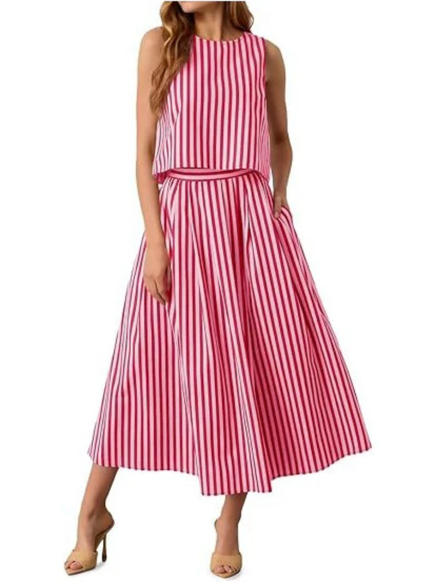 Women's Striped Sleeveless Top & Midi Skirt Set