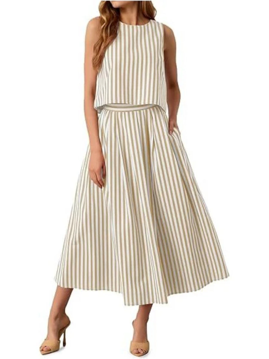 Women's Striped Sleeveless Top & Midi Skirt Set