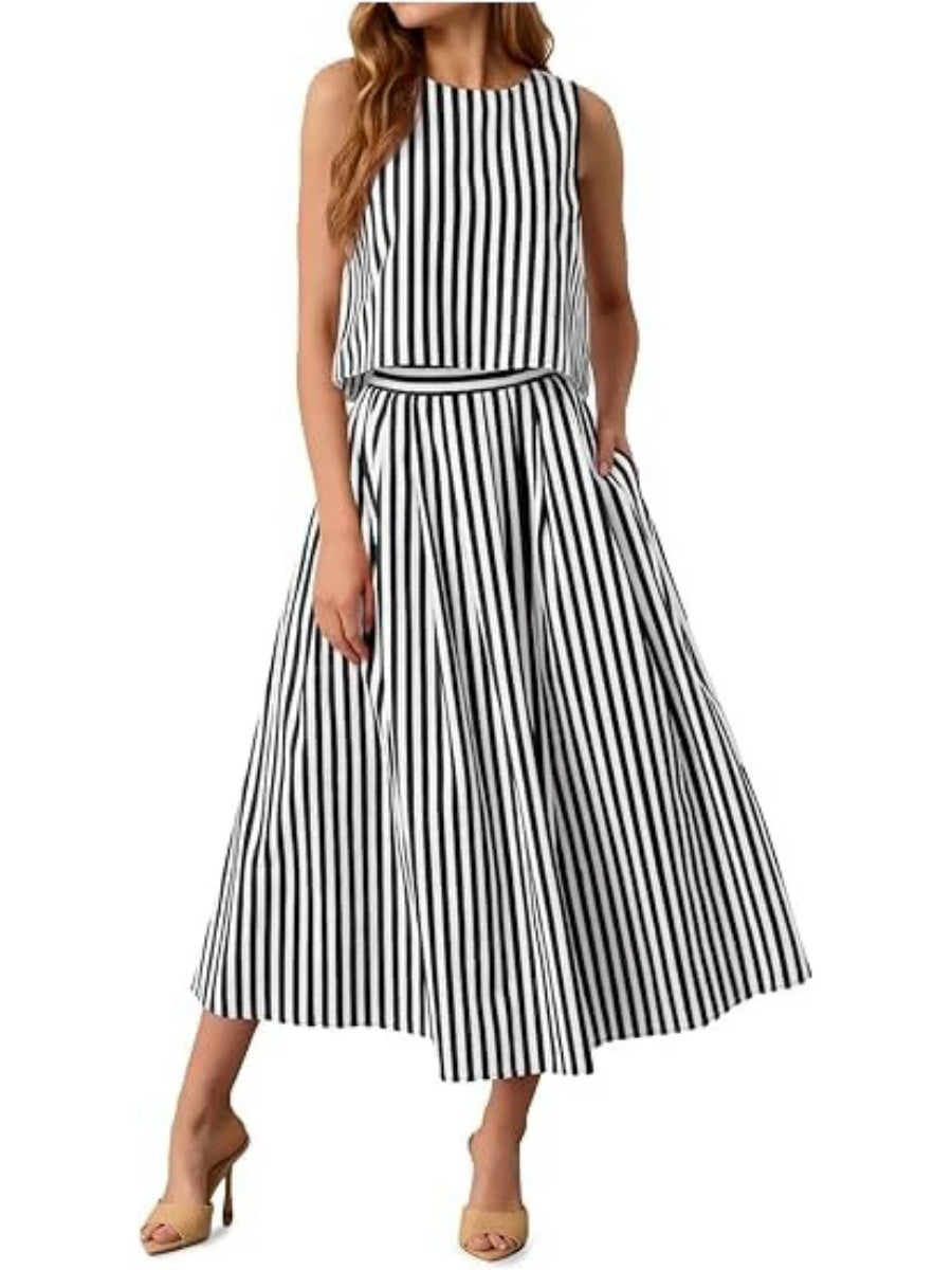 Women's Striped Sleeveless Top & Midi Skirt Set