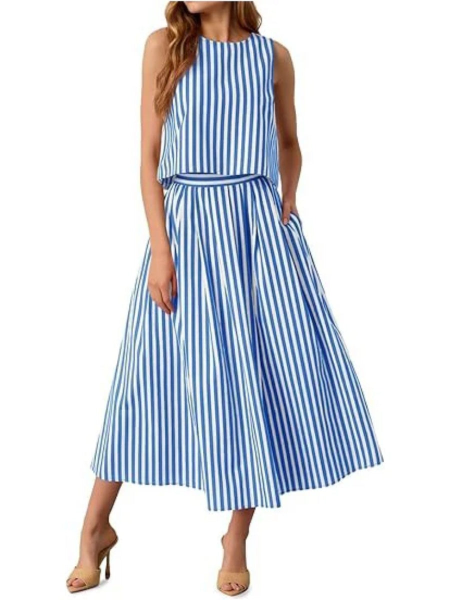 Women's Striped Sleeveless Top & Midi Skirt Set