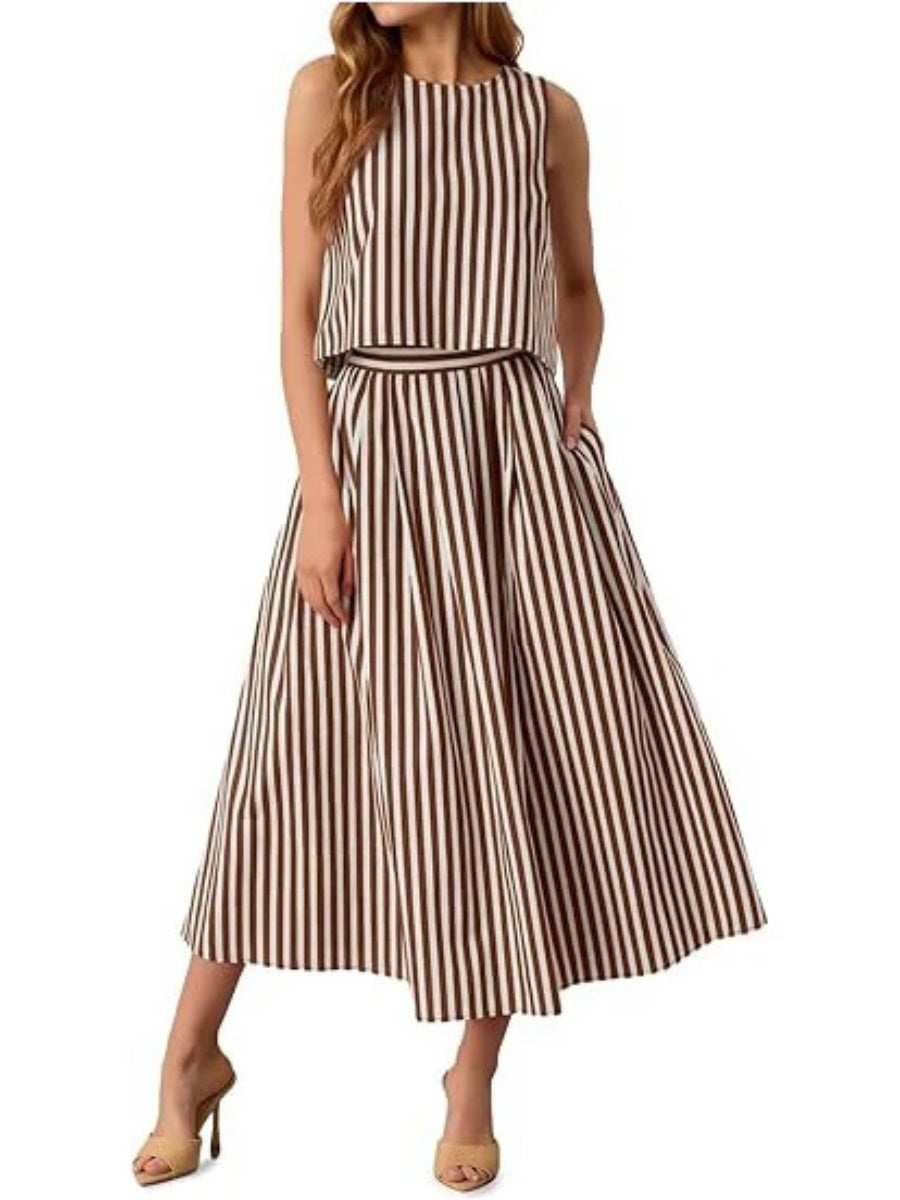 Women's Striped Sleeveless Top & Midi Skirt Set
