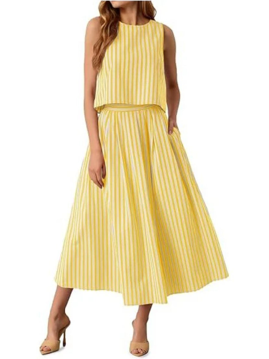 Women's Striped Sleeveless Top & Midi Skirt Set