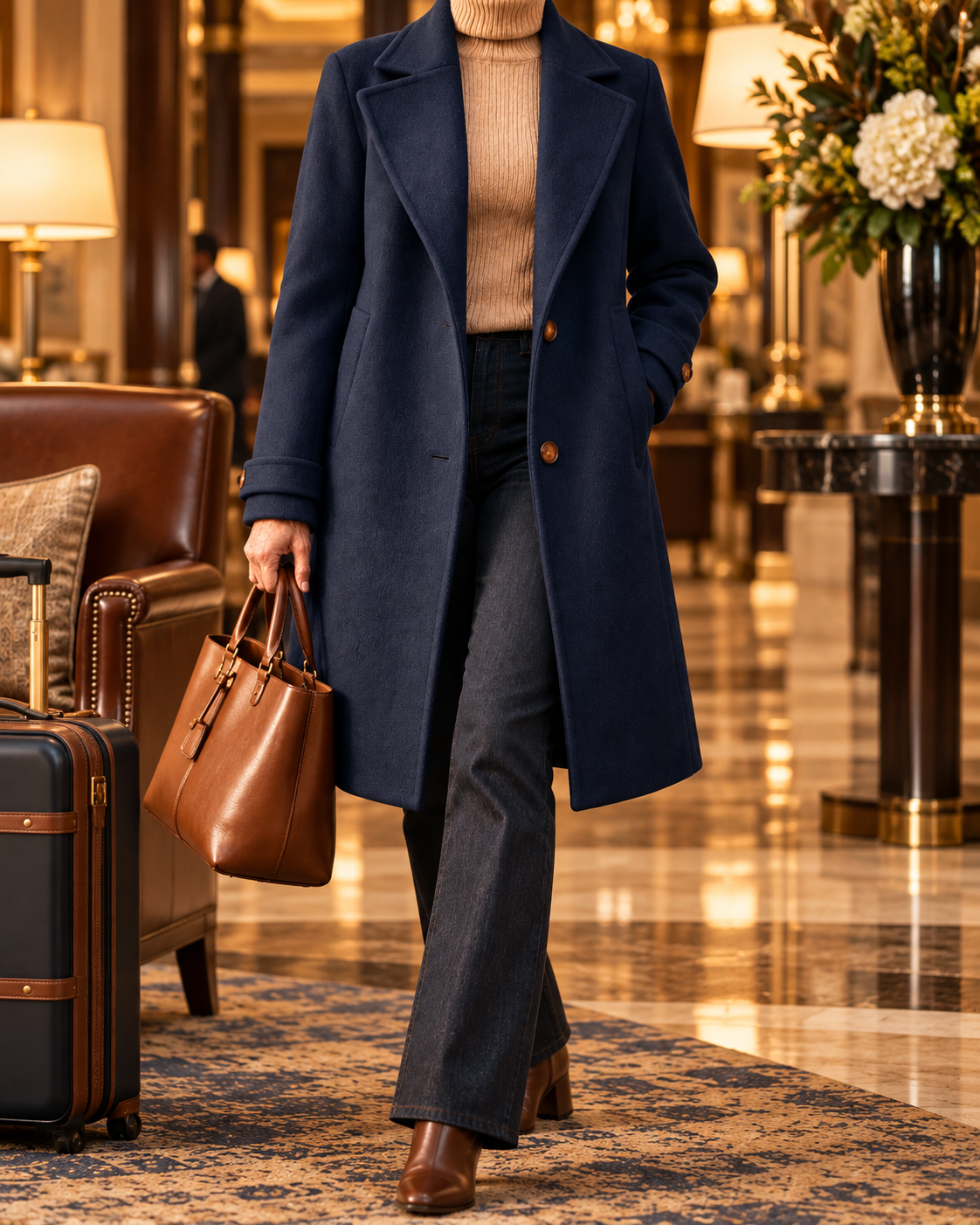 Deep navy tailored coat in a cozy cabin entry; model face not shown