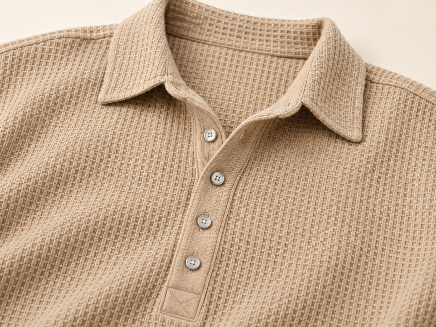 New close-up styling image based on the Khaki SKU, showing its waffle texture and four-button placket