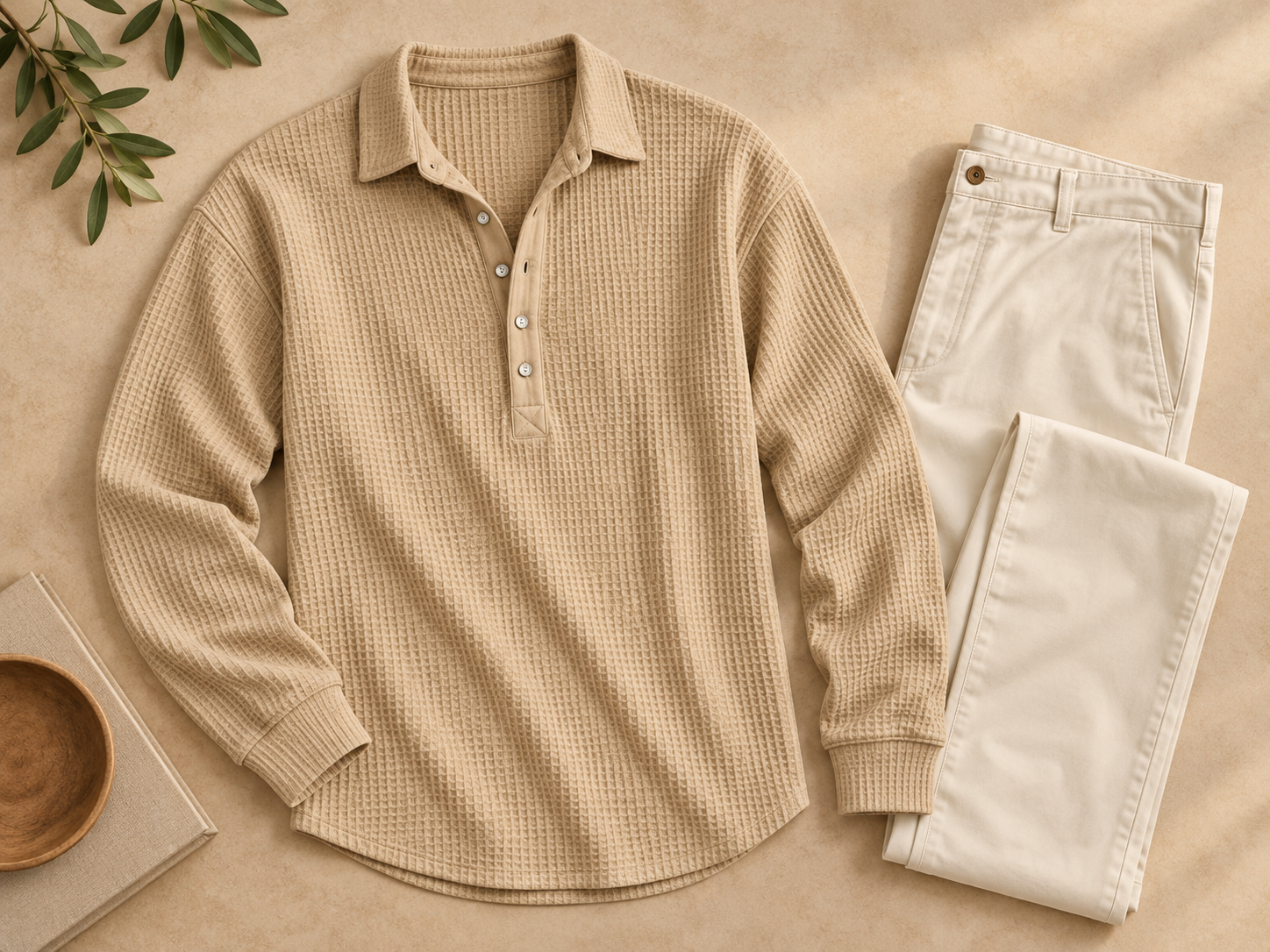 New flat-lay styling image based on the Khaki SKU, showing the waffle-knit polo and button placket