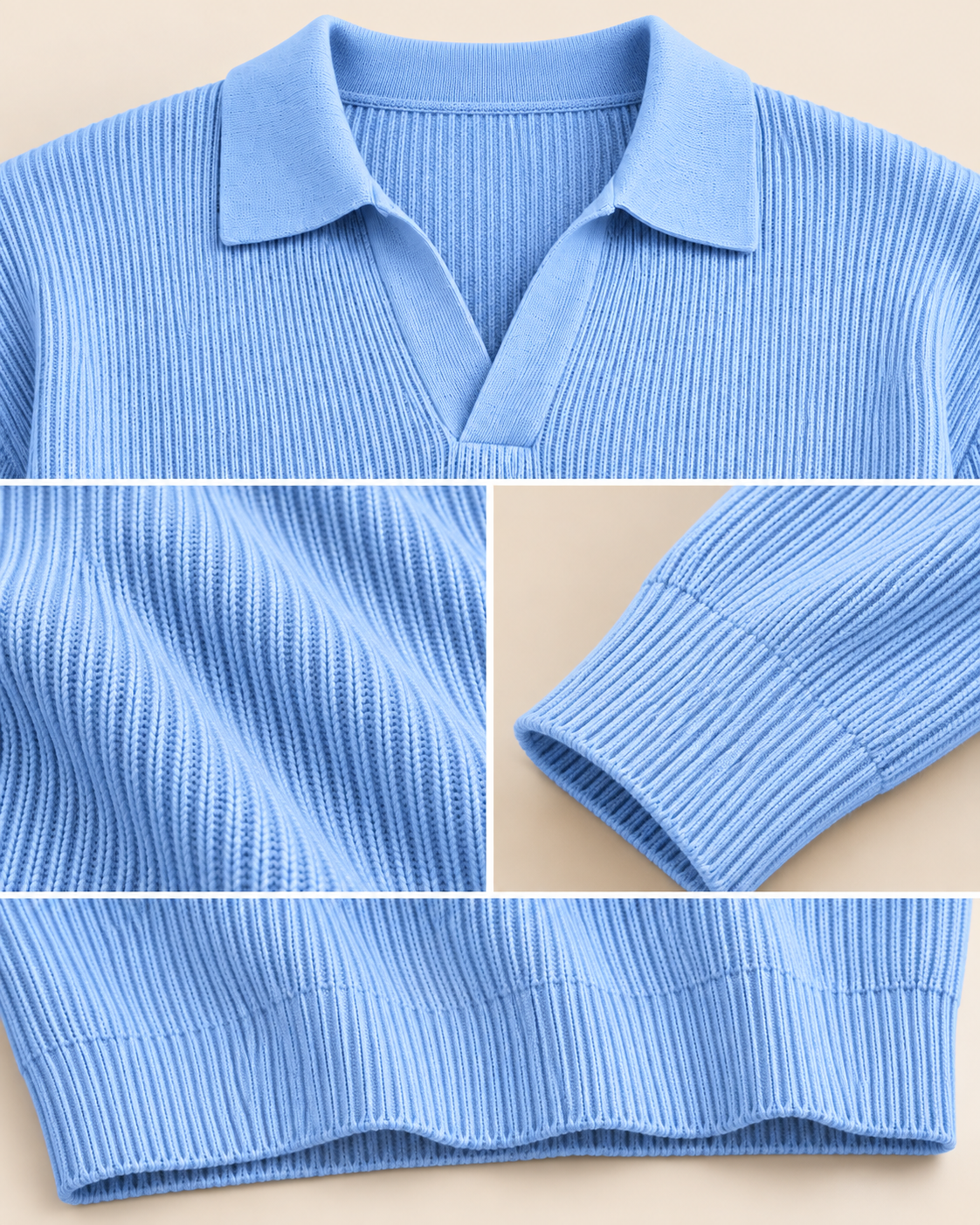 Close-up of fine vertical rib knit, polo collar and ribbed cuff