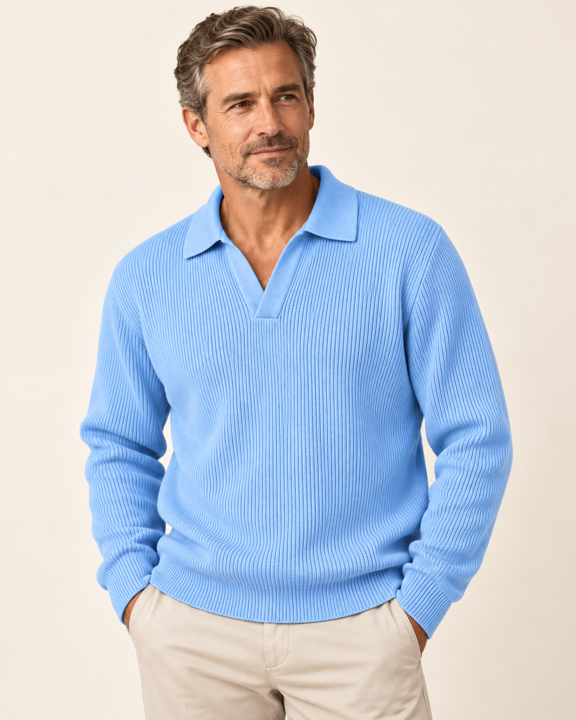 Mature man wearing the light blue fine-rib knit collared pullover