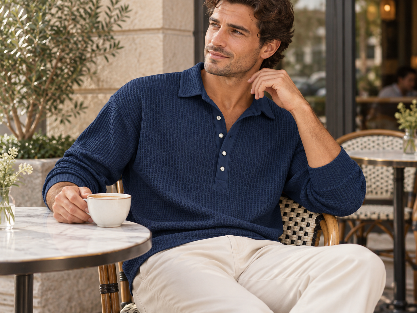 New lifestyle styling image based on the Navy Blue SKU, with the matching waffle-knit collar and button placket