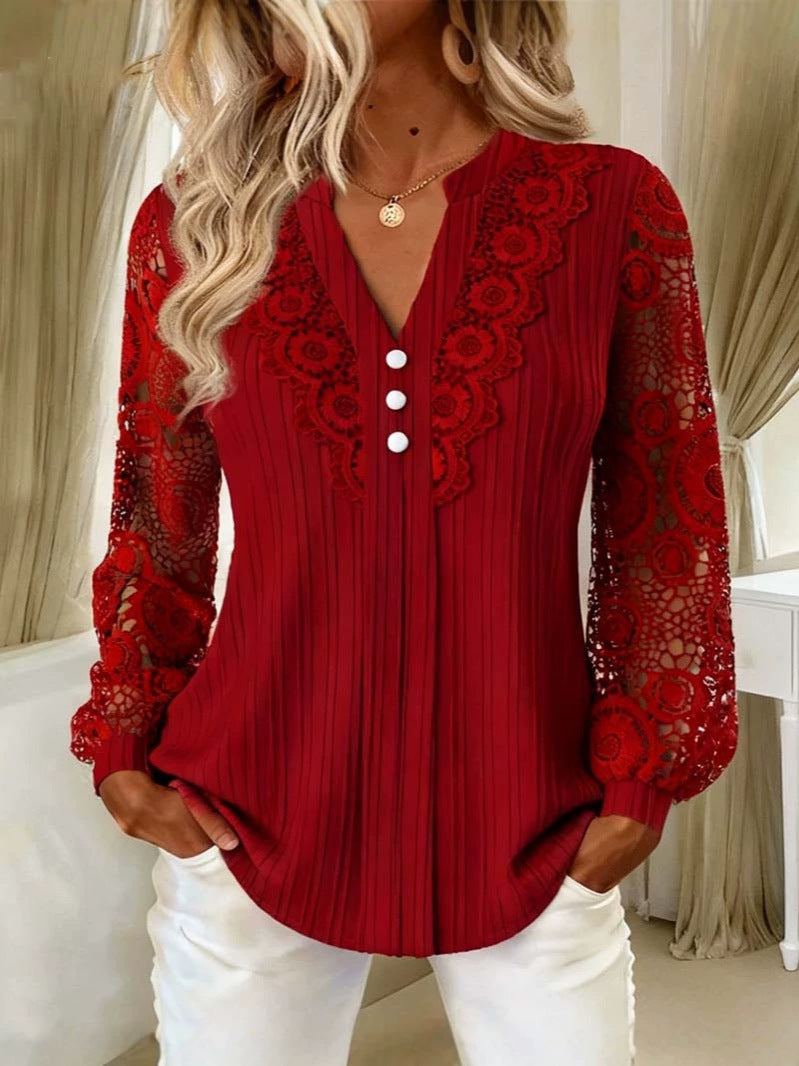 Romantic Mixed-Media Lace Blouse – Button-Front V-Neck & Sheer Crochet Sleeves - Red