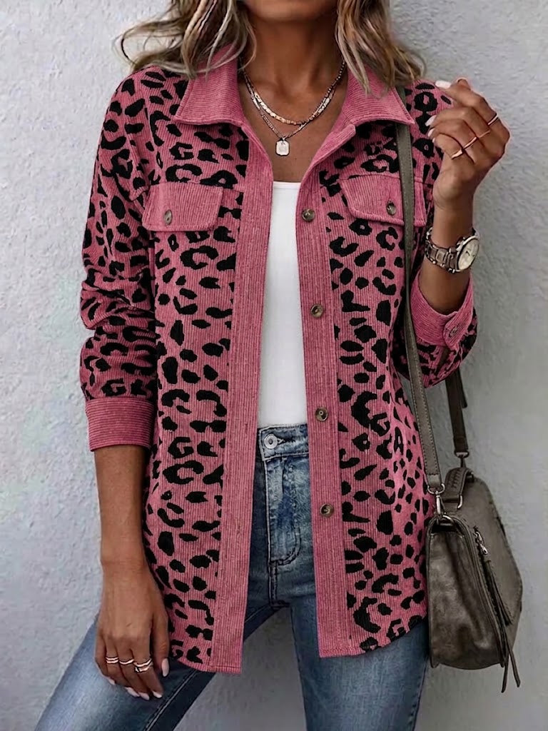 Contrast Rib Collar Leopard Print Corduroy Long Sleeve Shirt Jacket - Rose-pink