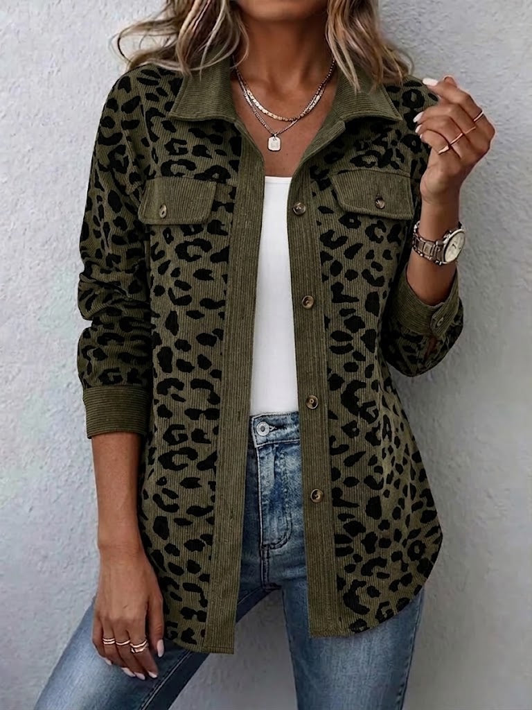 Contrast Rib Collar Leopard Print Corduroy Long Sleeve Shirt Jacket - Army green
