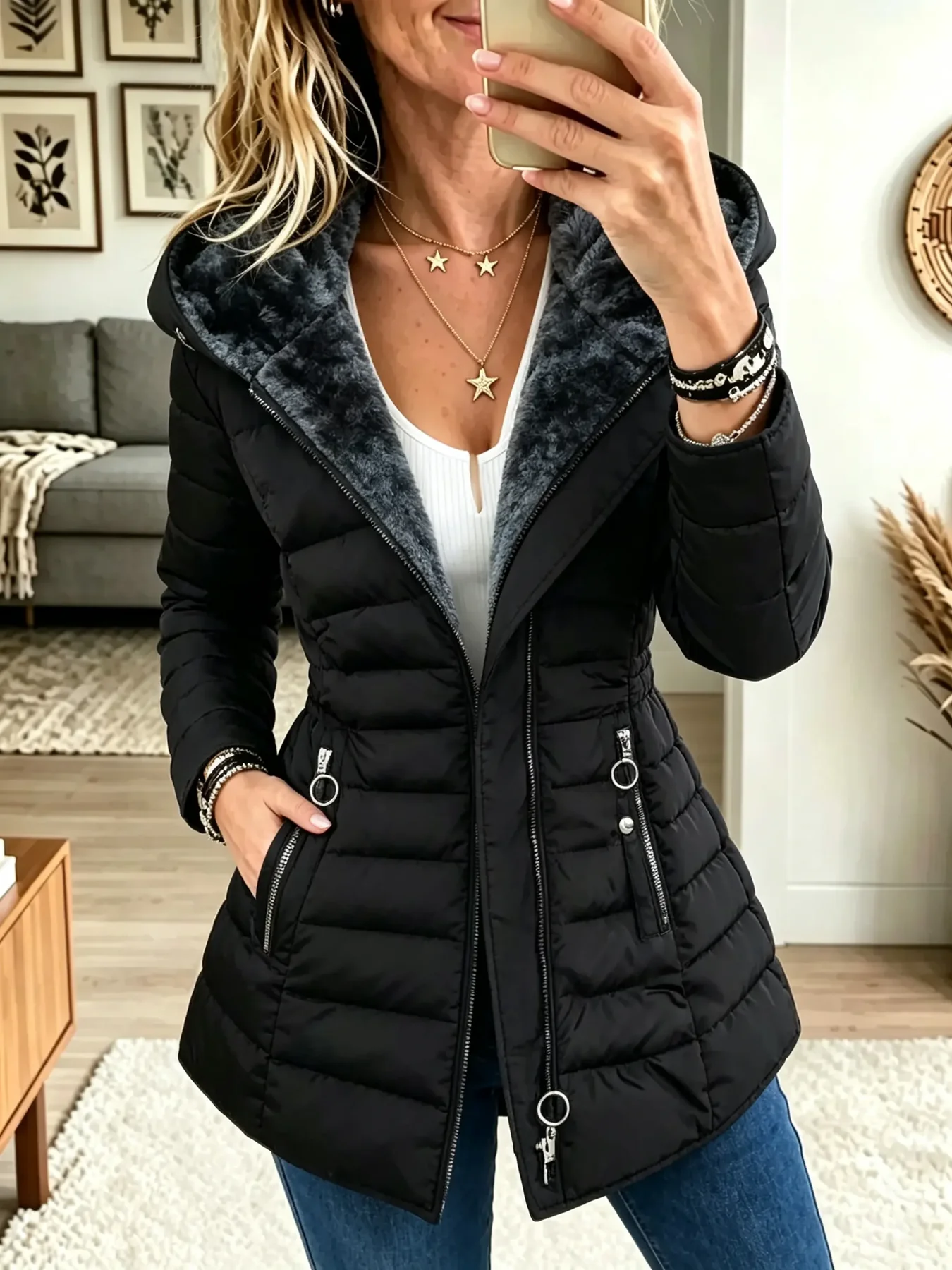 Women Hooded Puffer Coat, Faux Fur Lined Slim Fit Zip Up Mid Length Winter Jacket