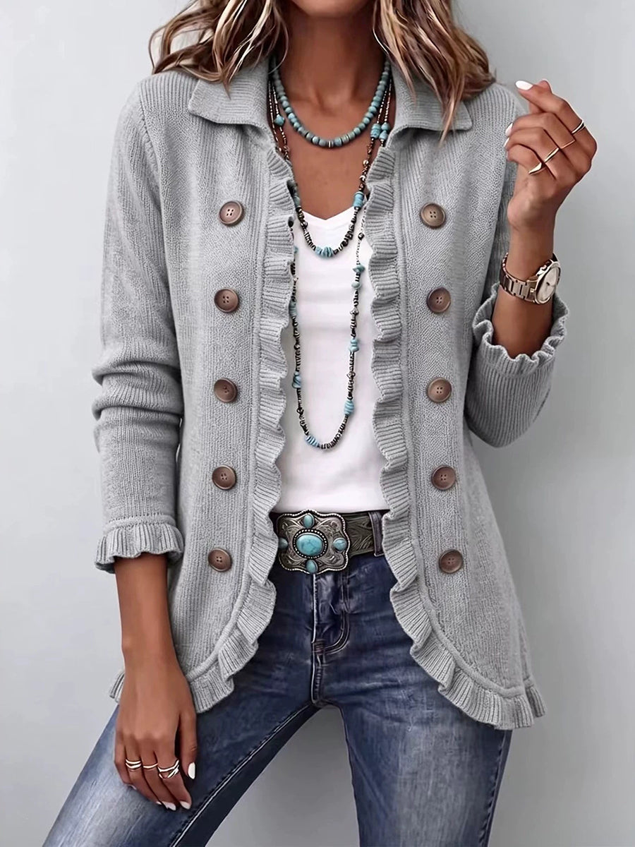 Chic Knit Ruffle-Trim Cardigan - Grey