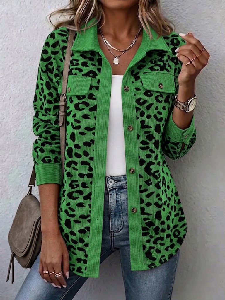 Contrast Rib Collar Leopard Print Corduroy Long Sleeve Shirt Jacket - Grass green