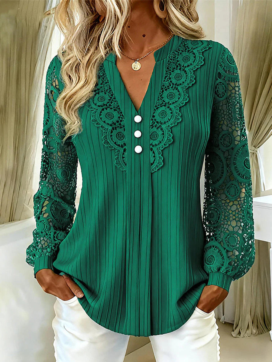 Romantic Mixed-Media Lace Blouse – Button-Front V-Neck & Sheer Crochet Sleeves - Green