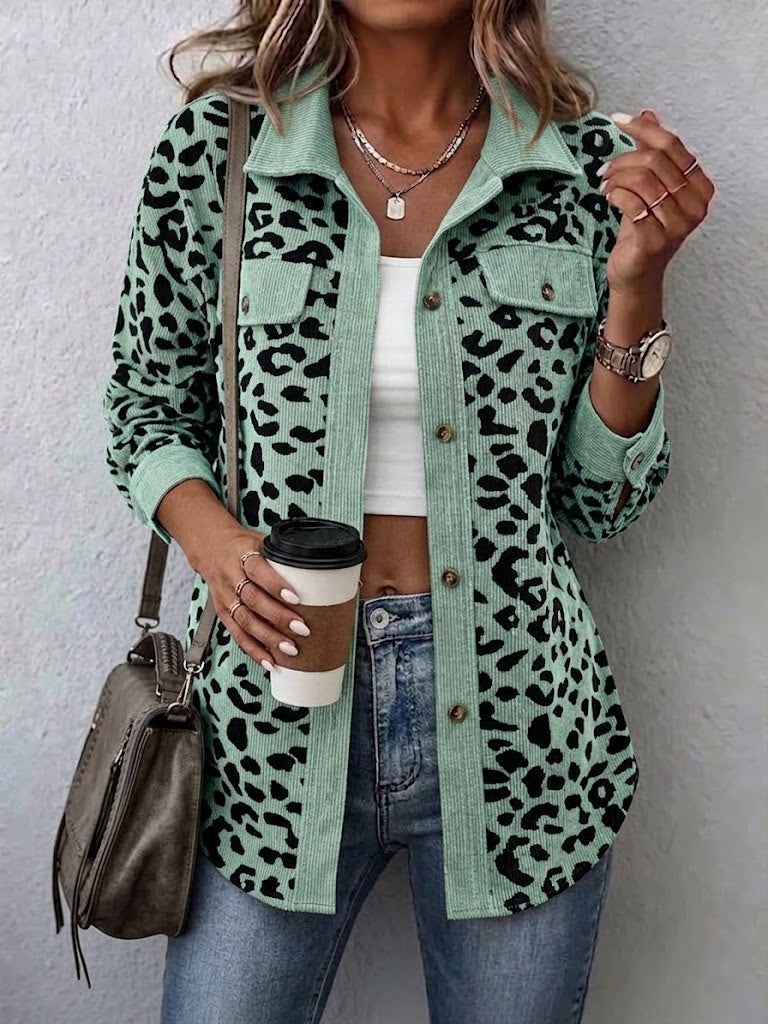 Contrast Rib Collar Leopard Print Corduroy Long Sleeve Shirt Jacket - Mint green