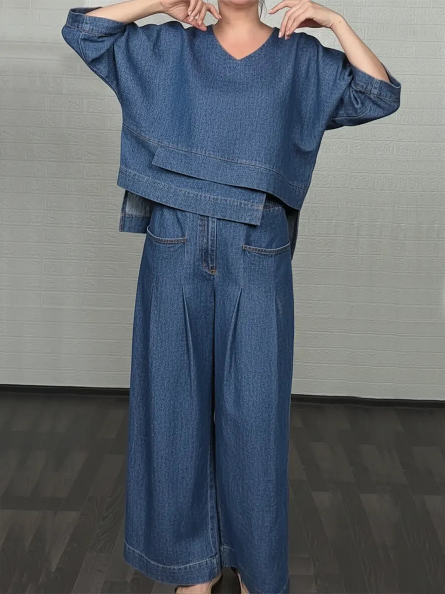 New Arrivals🔥Women’s Denim V-Neck Wide Leg Two-Piece Set