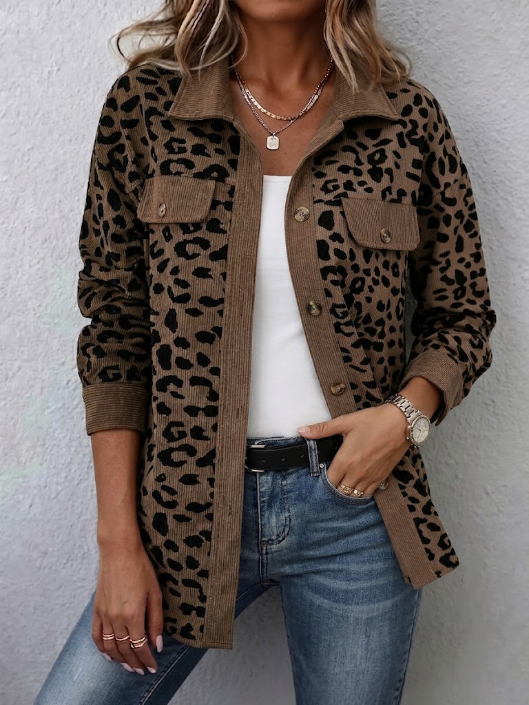 Contrast Rib Collar Leopard Print Corduroy Long Sleeve Shirt Jacket - Brown