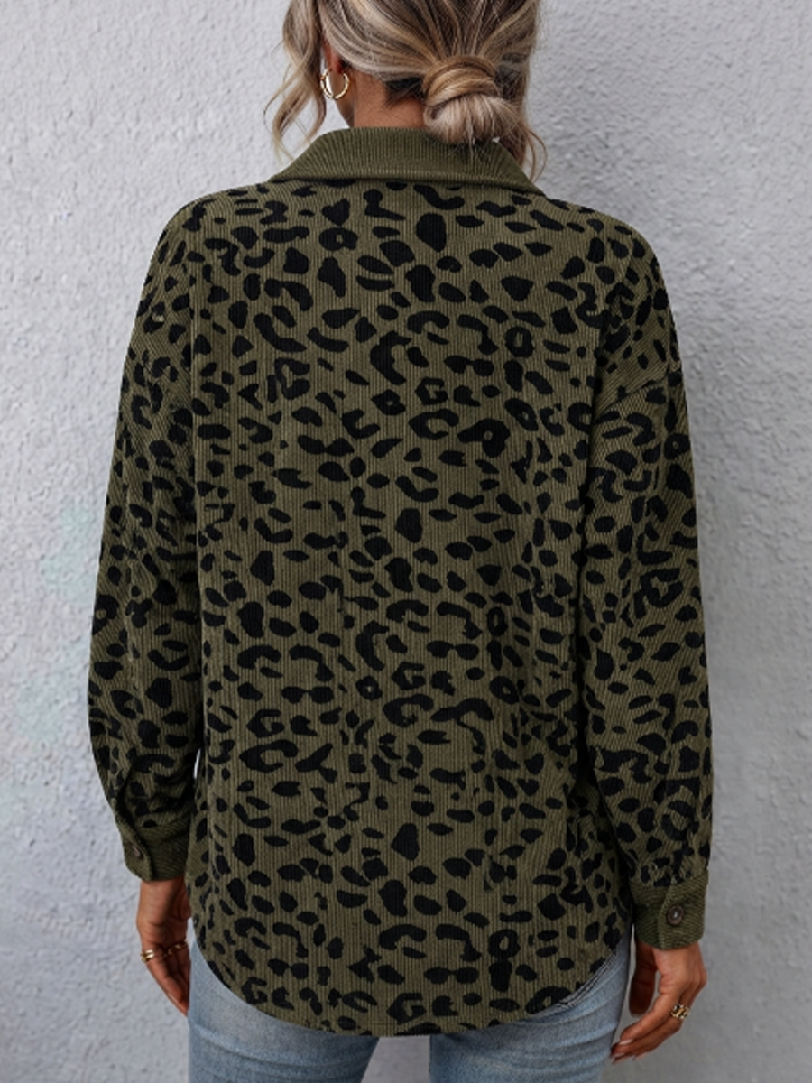 Contrast Rib Collar Leopard Print Corduroy Long Sleeve Shirt Jacket - back view