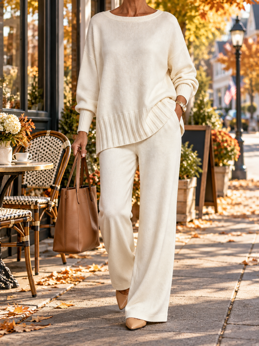 Women's Soft Knit Lounge Set – Relaxed Sweater & Wide-Leg Pants