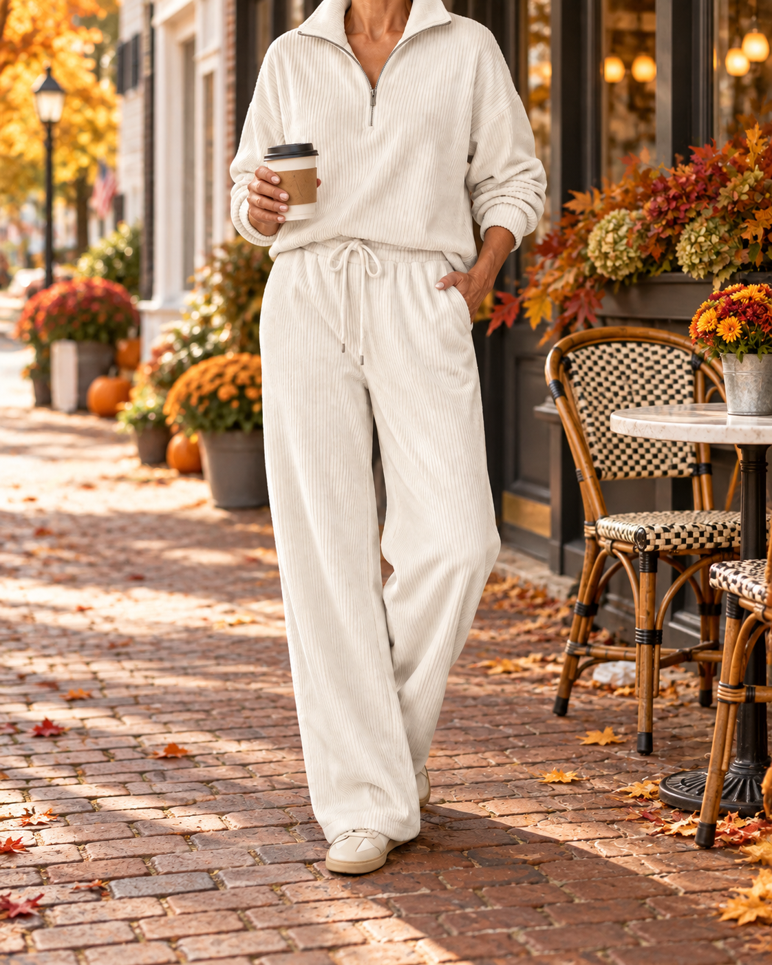 Women's Corduroy Half-Zip Lounge Set – Relaxed Wide-Leg Fit