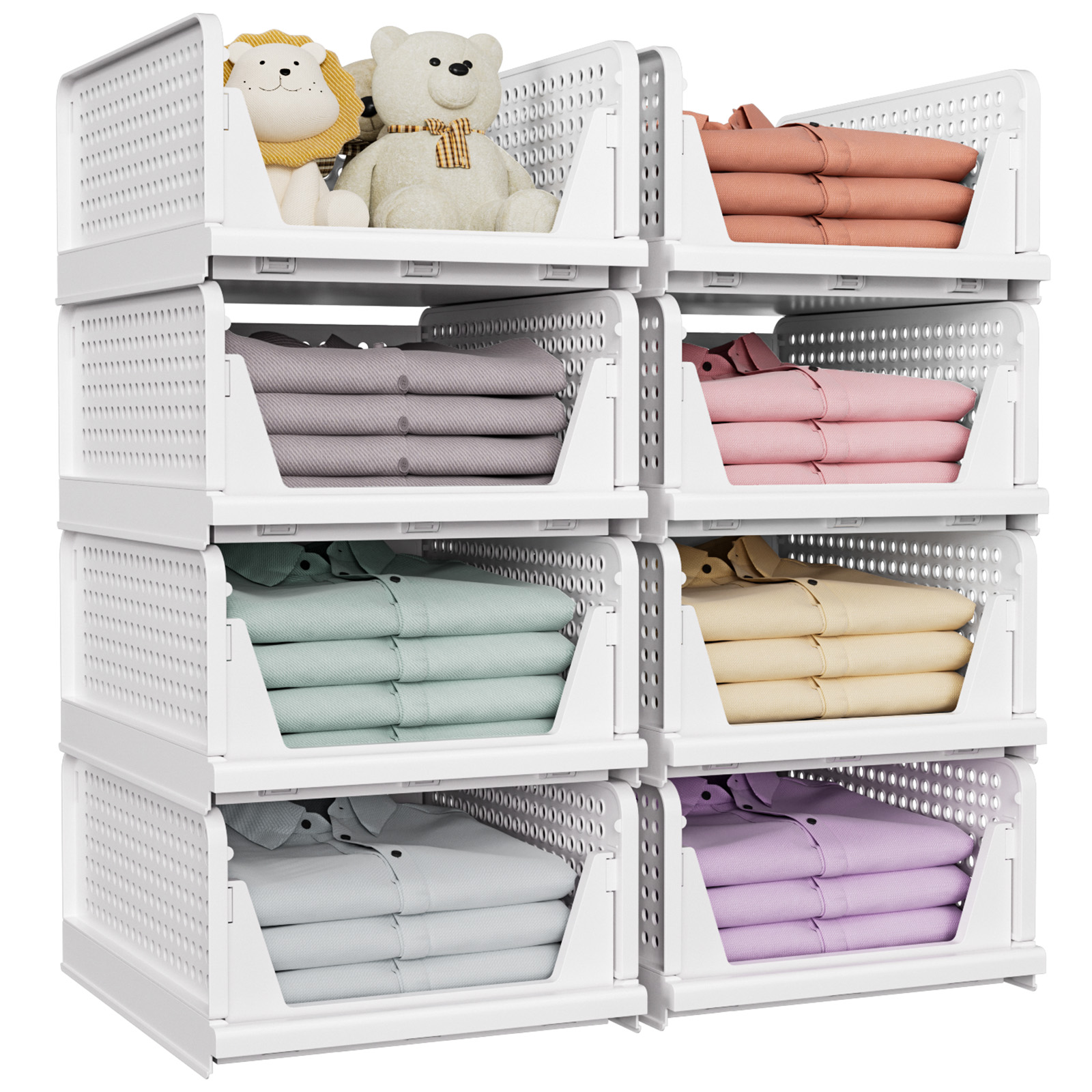 8 Pack Closet Organizers and Storage, Stackable & Foldable Closet Bins Closet Storage Basket for Bathroom, Kitchen, Laundry Room, Drawer Shelf & Wardrobe Storage, Space-Saving Design, White