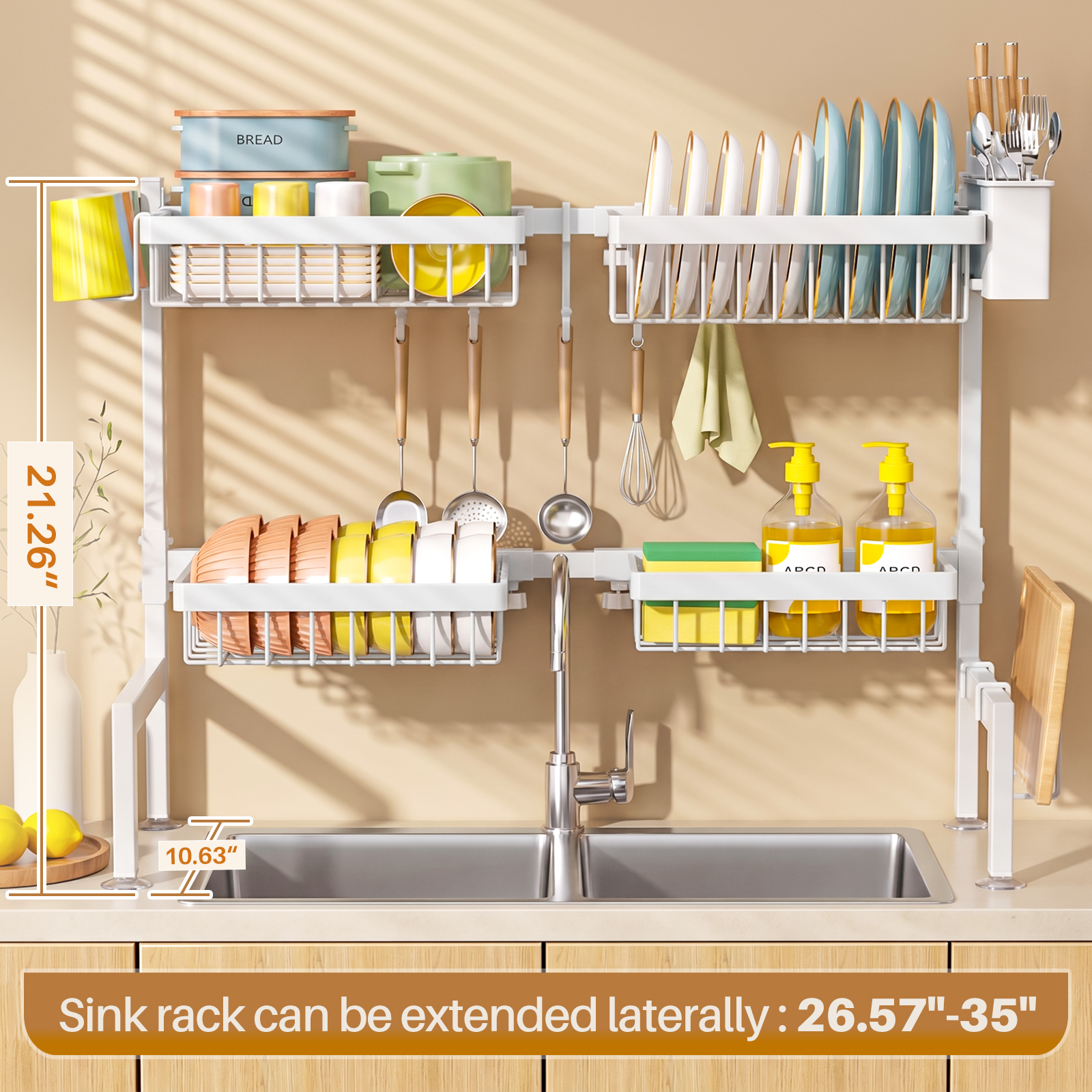 SNSLXH 4 Baskets 2-Tier Over The Sink Dish Drying Rack, 26.57"-35" White Large Sink Rack for Kitchen, Extensible and Adjustable, Saving Kitchen Space