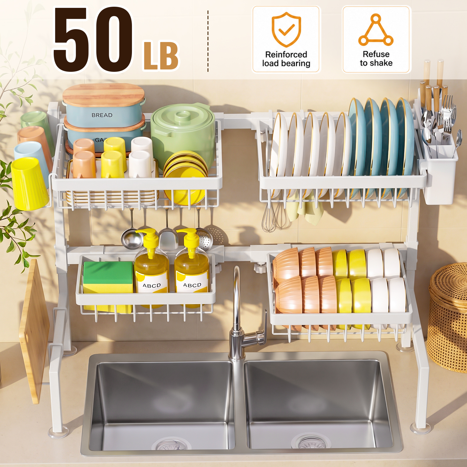 SNSLXH 4 Baskets 2-Tier Over The Sink Dish Drying Rack, 26.57"-35" White Large Sink Rack for Kitchen, Extensible and Adjustable, Saving Kitchen Space