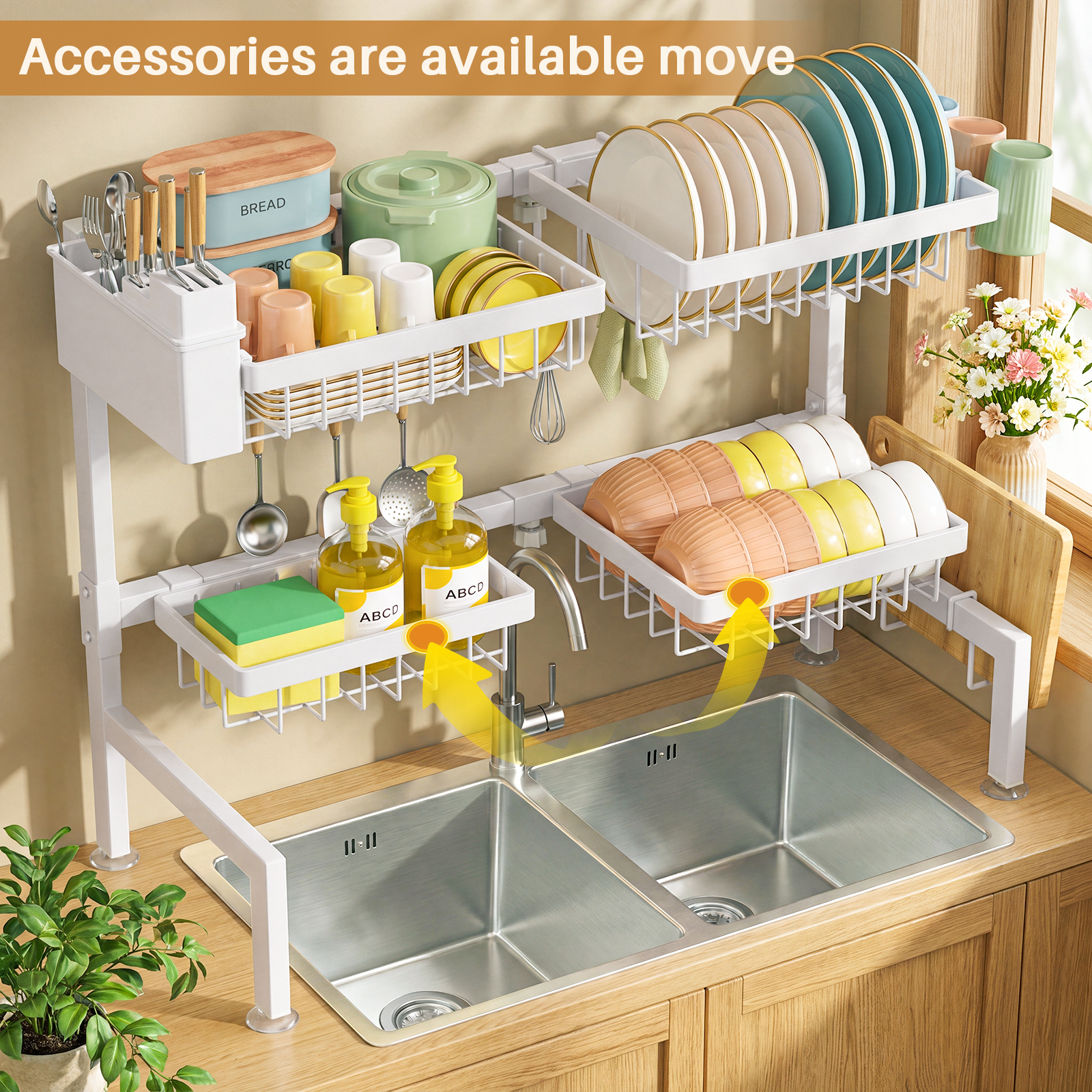 SNSLXH 4 Baskets 2-Tier Over The Sink Dish Drying Rack, 26.57"-35" White Large Sink Rack for Kitchen, Extensible and Adjustable, Saving Kitchen Space
