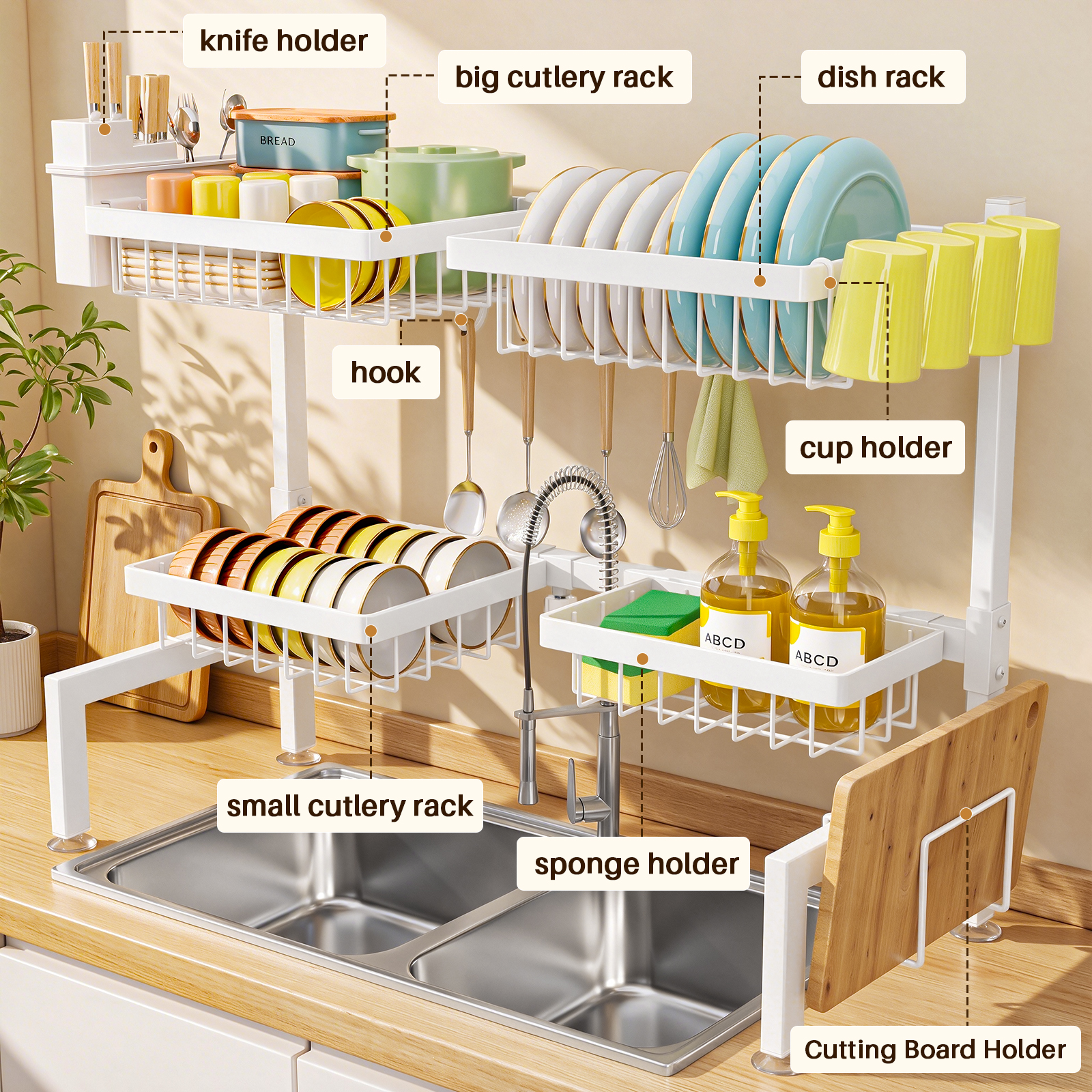 SNSLXH 4 Baskets 2-Tier Over The Sink Dish Drying Rack, 26.57"-35" White Large Sink Rack for Kitchen, Extensible and Adjustable, Saving Kitchen Space