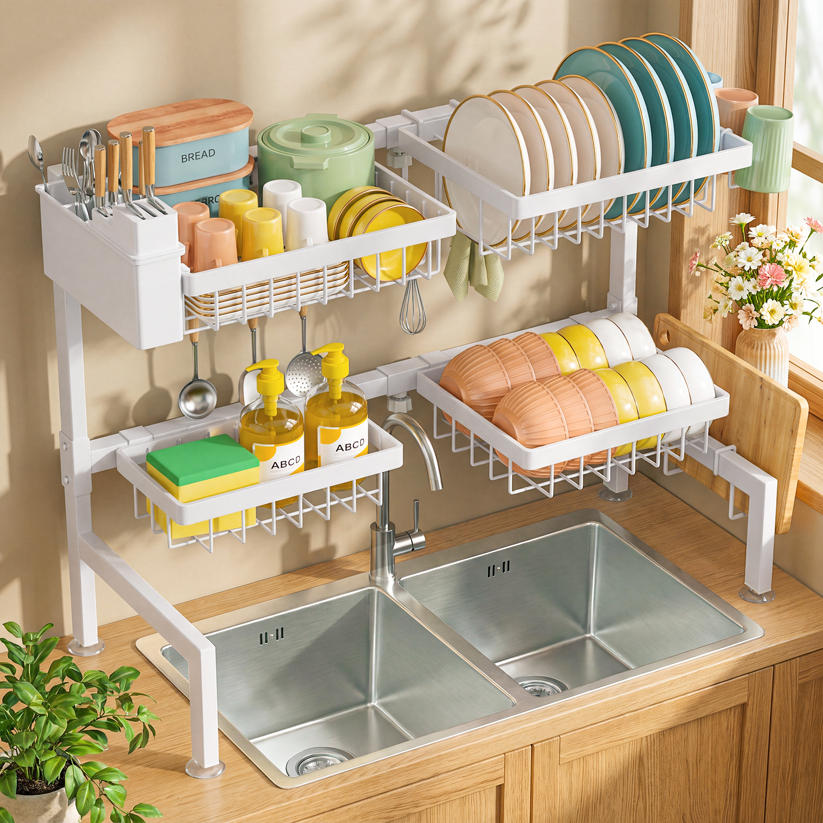 SNSLXH 4 Baskets 2-Tier Over The Sink Dish Drying Rack, 26.57"-35" White Large Sink Rack for Kitchen, Extensible and Adjustable, Saving Kitchen Space