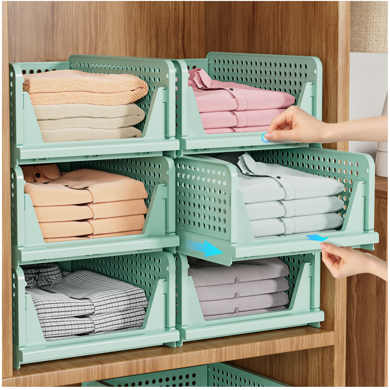 5 Pack Closet Organizer Basket, Closet Organizers and Storage, Green Stackable & Foldable Closet Storage Bins for Bathroom Laundry Room Wardrobe Storage, Space-Saving Clothes Drawer Organizer