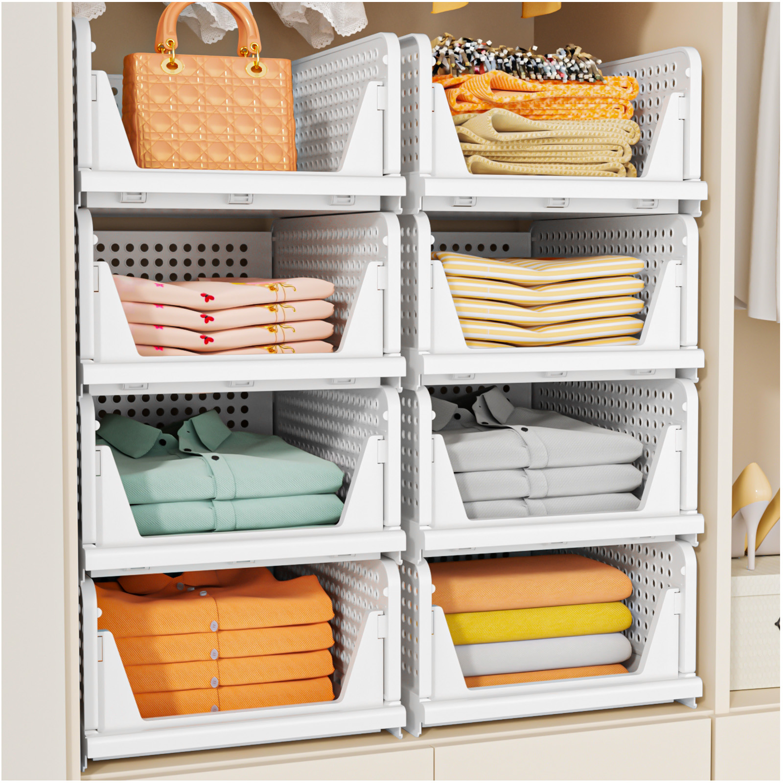 Upgraded Closet Organizers and Storage, Stackable Closet Organizer Basket 5 Pack Foldable Closet Storage Bins for Bathroom Laundry Room Wardrobe Storage, Space-Saving Clothes Drawer Organizer