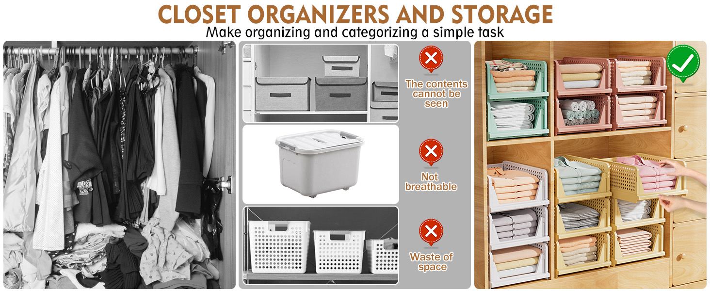 Upgraded Closet Organizers and Storage, Stackable Closet Organizer Basket 5 Pack Foldable Closet Storage Bins for Bathroom Laundry Room Wardrobe Storage, Space-Saving Clothes Drawer Organizer