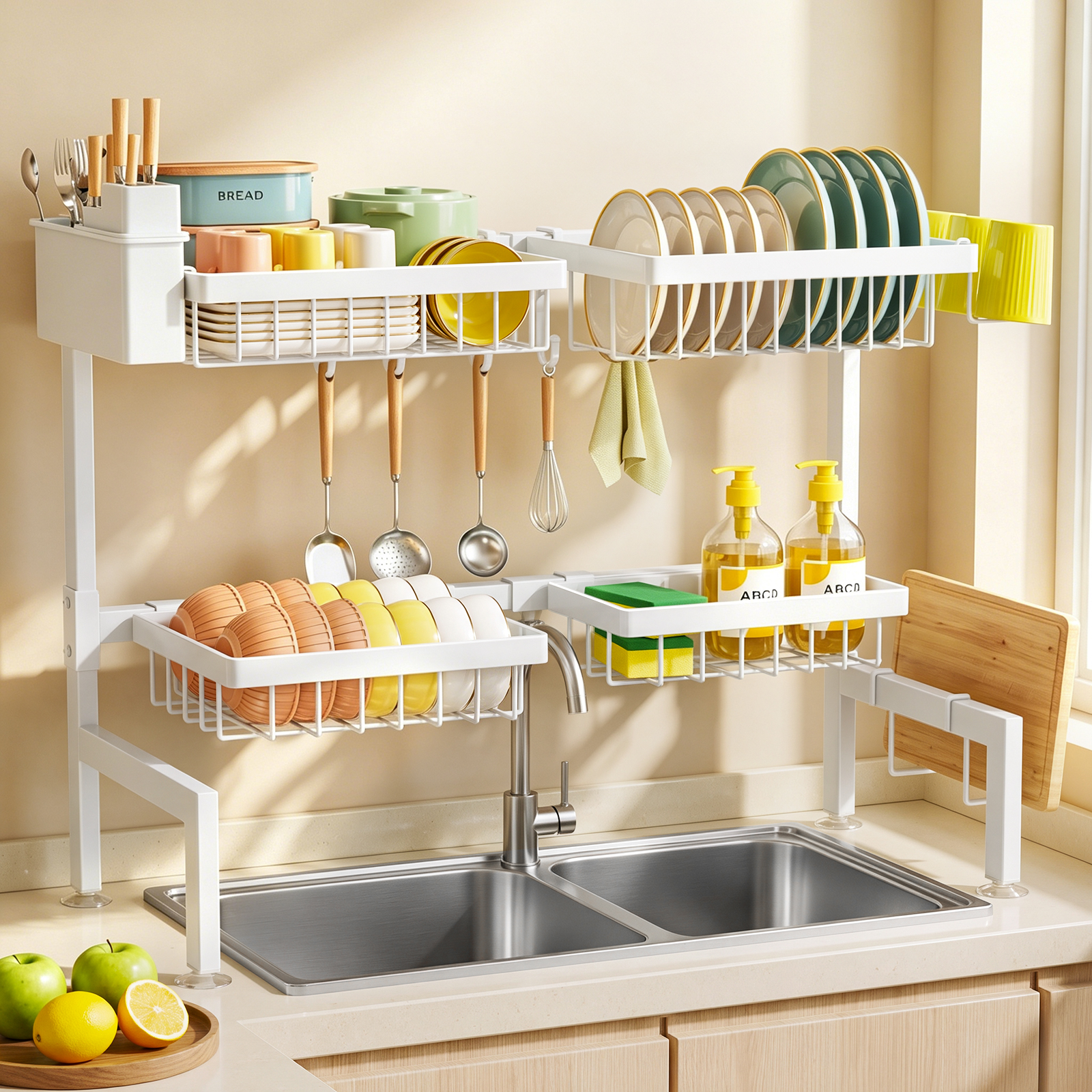 SNSLXH 4 Baskets 2-Tier Over The Sink Dish Drying Rack, 26.57"-35" White Large Sink Rack for Kitchen, Extensible and Adjustable, Saving Kitchen Space
