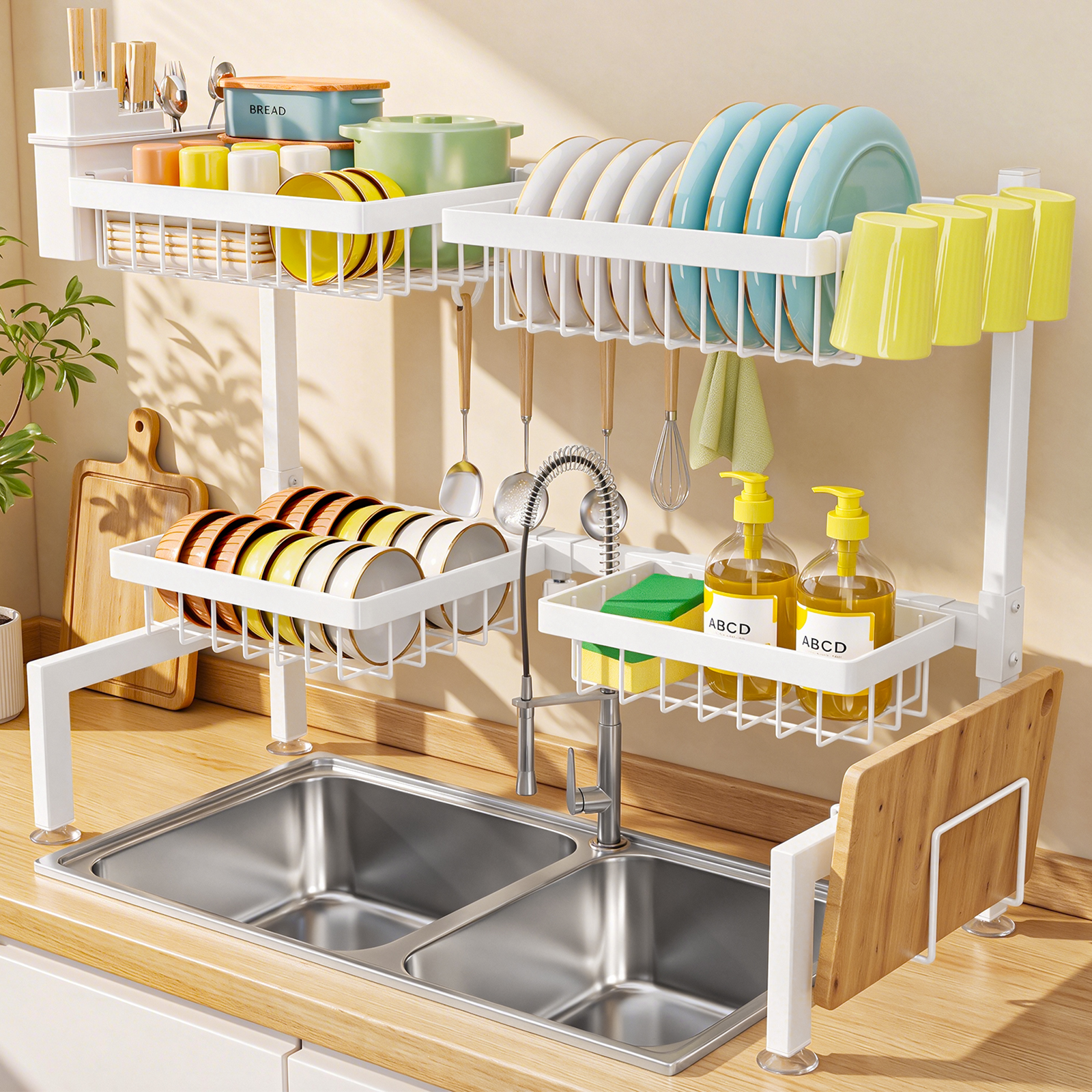 SNSLXH 4 Baskets 2-Tier Over The Sink Dish Drying Rack, 26.57"-35" White Large Sink Rack for Kitchen, Extensible and Adjustable, Saving Kitchen Space